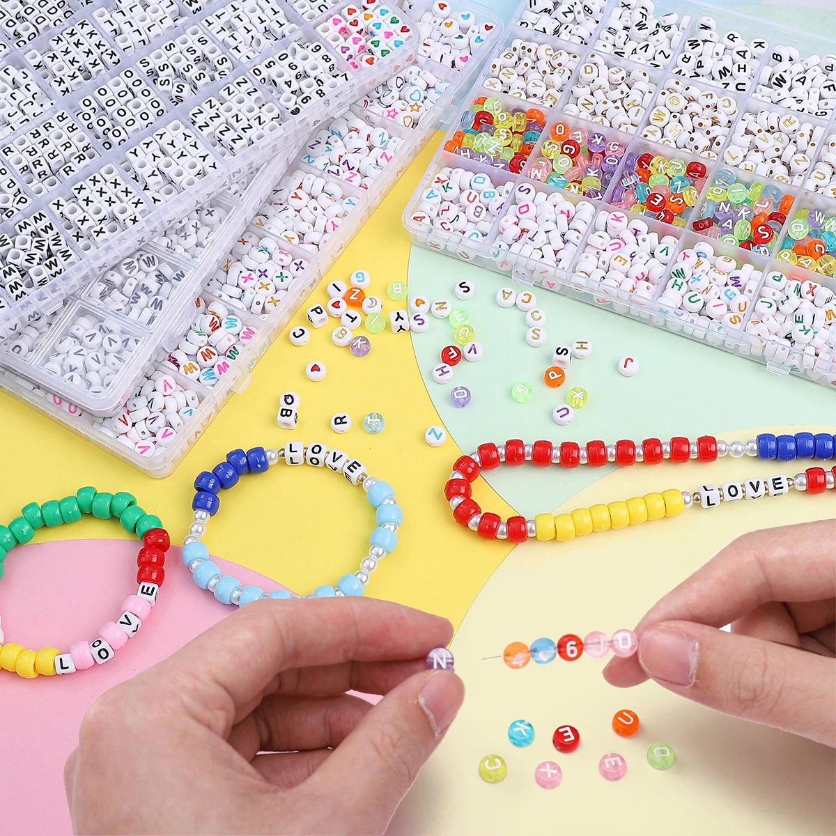 Multisize Acrylic Beads Set (6x6/4x7mm) Alphabet Letters Numbers Heart Shapes for DIY Bracelet Necklace Crafting Jewelry Making