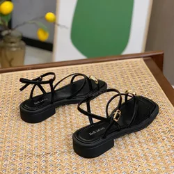 Sandals Women 2024 Summer New Fashion Square Toe Roman Shoes Simple Fairy Strap Women Shoes Flat Casual Shoe Sandalias De Mujer