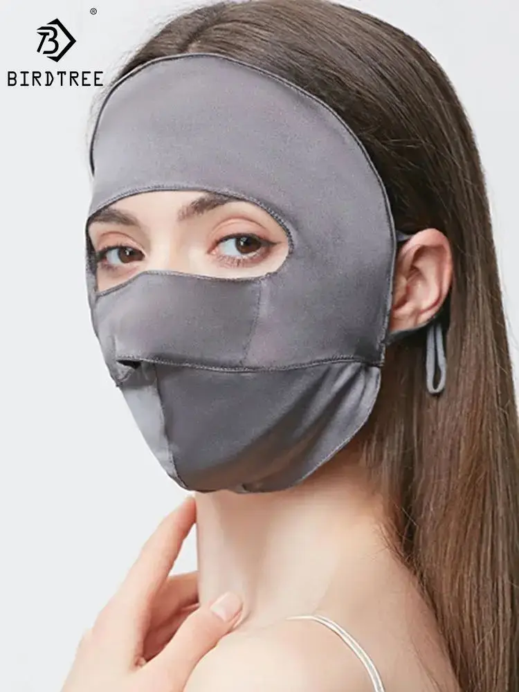 BirdTree 100%Real Silk 2Layered Masks, Full Face Sunscreen Eye Corner Protection, Breathable Ear Hanging Adjusting Mask A43927QM