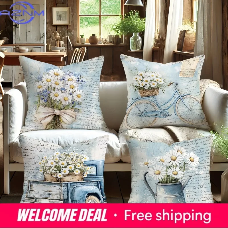 Vintage Daisy Pastoral Style PillowcaseBedroom Living Room Sofa Home Decor Polyester Cushion Cover with Zipper
