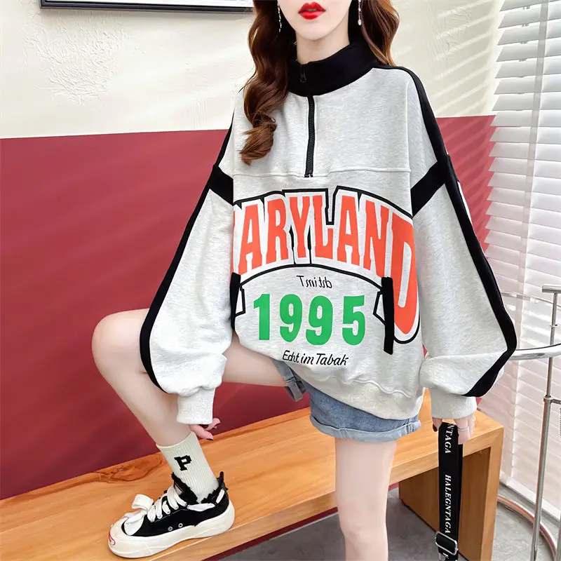 Autumn Winter New Loose Printing Zipper Stand Collar Sweatshirts Female Oversized Top Tee Women Clothes Trend Letter T-Shirts