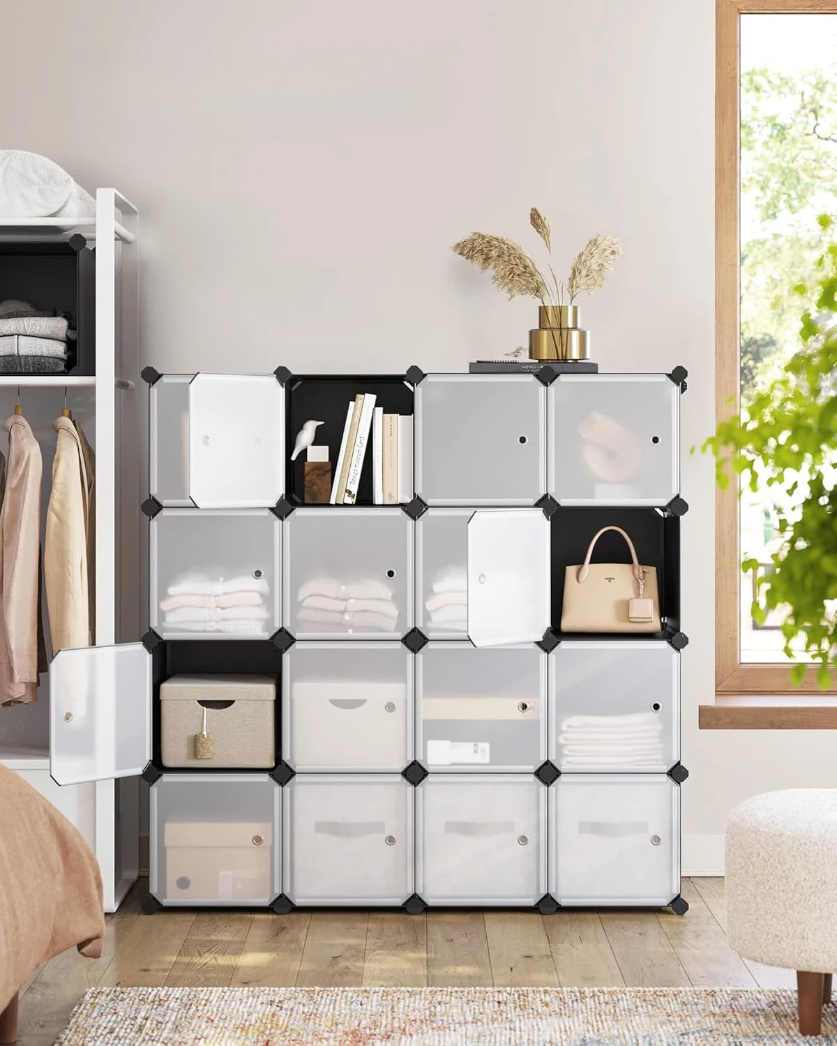 Cube Storage Organizer, Set of 16 Plastic Cubes, Closet Storage Shelves, DIY Plastic Closet Cabinet, Modular Bookcase, Shelving