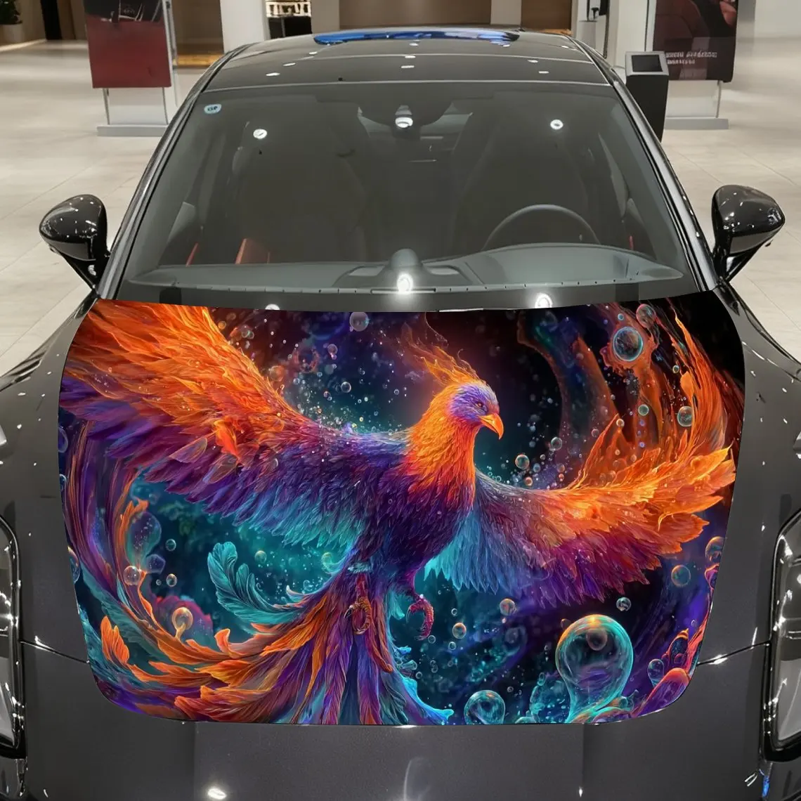 Water-Flame Colorful Phoenix Car Vinyl Wrap, PVC Material Waterproof Car Hood Sticker, Self-Adhesive Scratch-Resistant Stickers