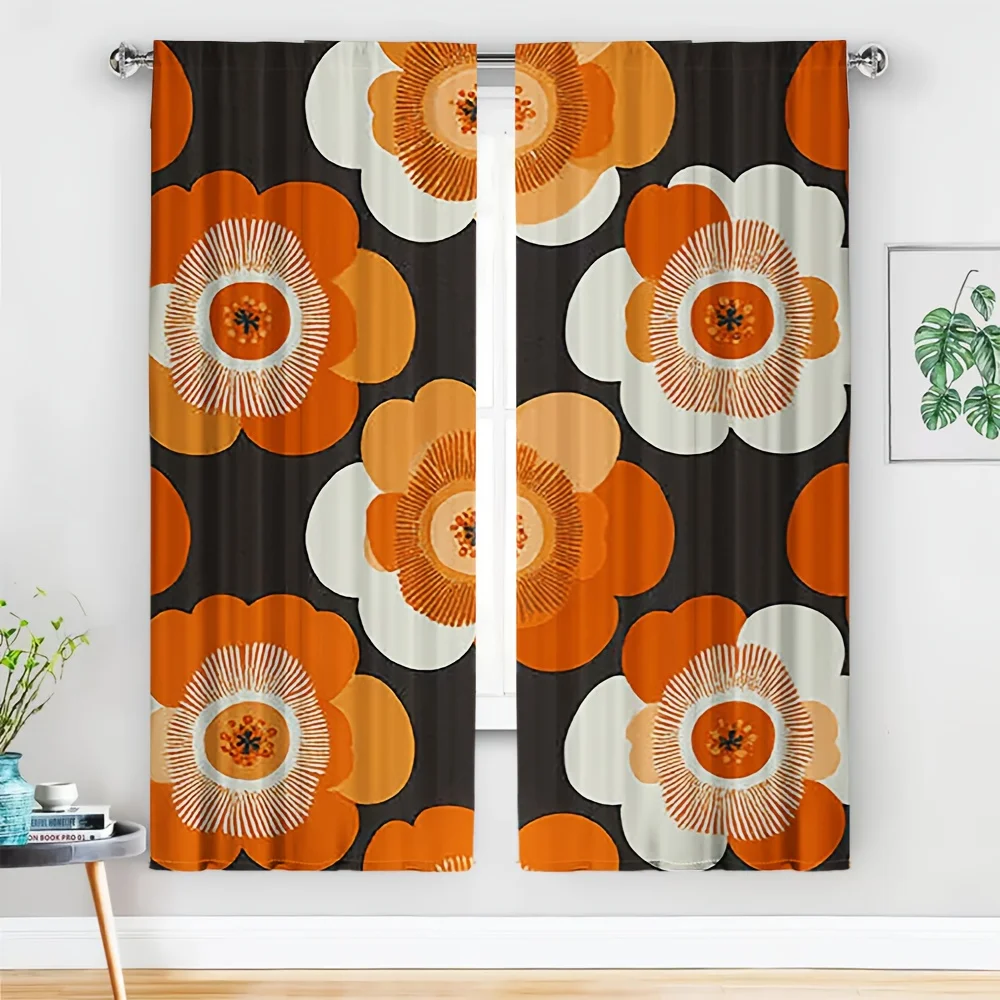 2pcs Mid-Century Retro Curtains No Rod — Orange & White Groovy Floral Pattern on Charcoal, Sheer Polyester for Living Room,