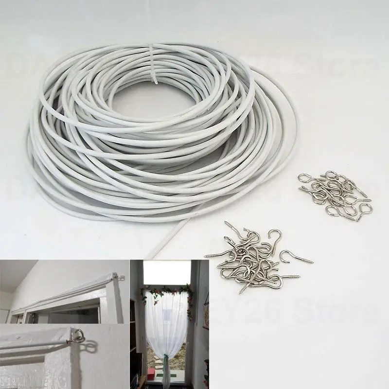 1M 6M PVC Window Cord Cable Net Curtain track Wire White Windows wall hanging Line with HOOKS EYES For Caravans Boats set U26