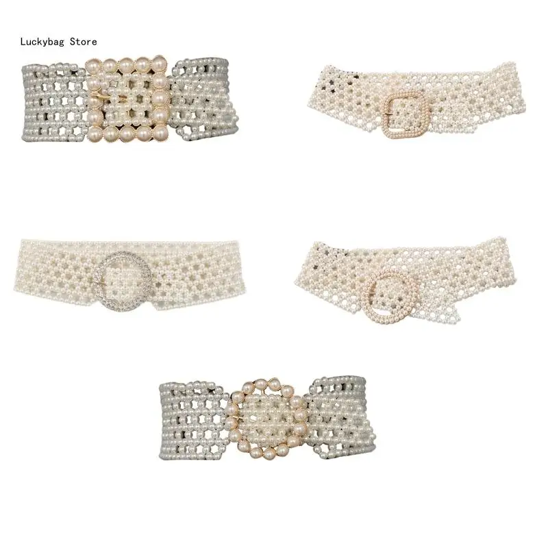 

Women Elastic Waistband Beaded Pearl Flower Waist Belt for Coat Dresses