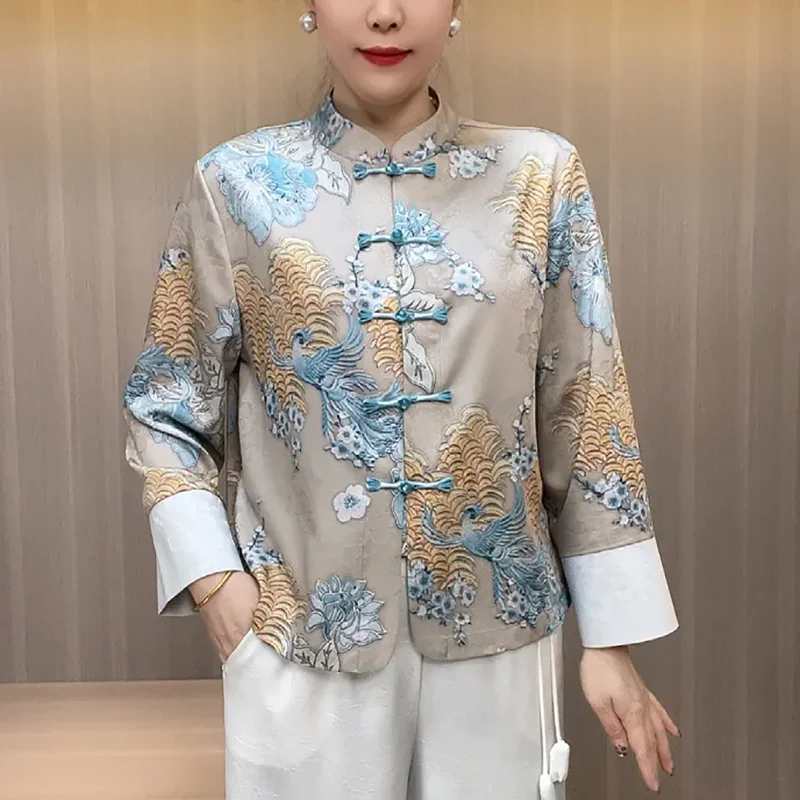 

New Chinese Ethnic Buckle Chinese Long Sleeve Jacket Women's Outwear 2025 Spring Summer New Stand Collar Fashion Noble Chic Tops