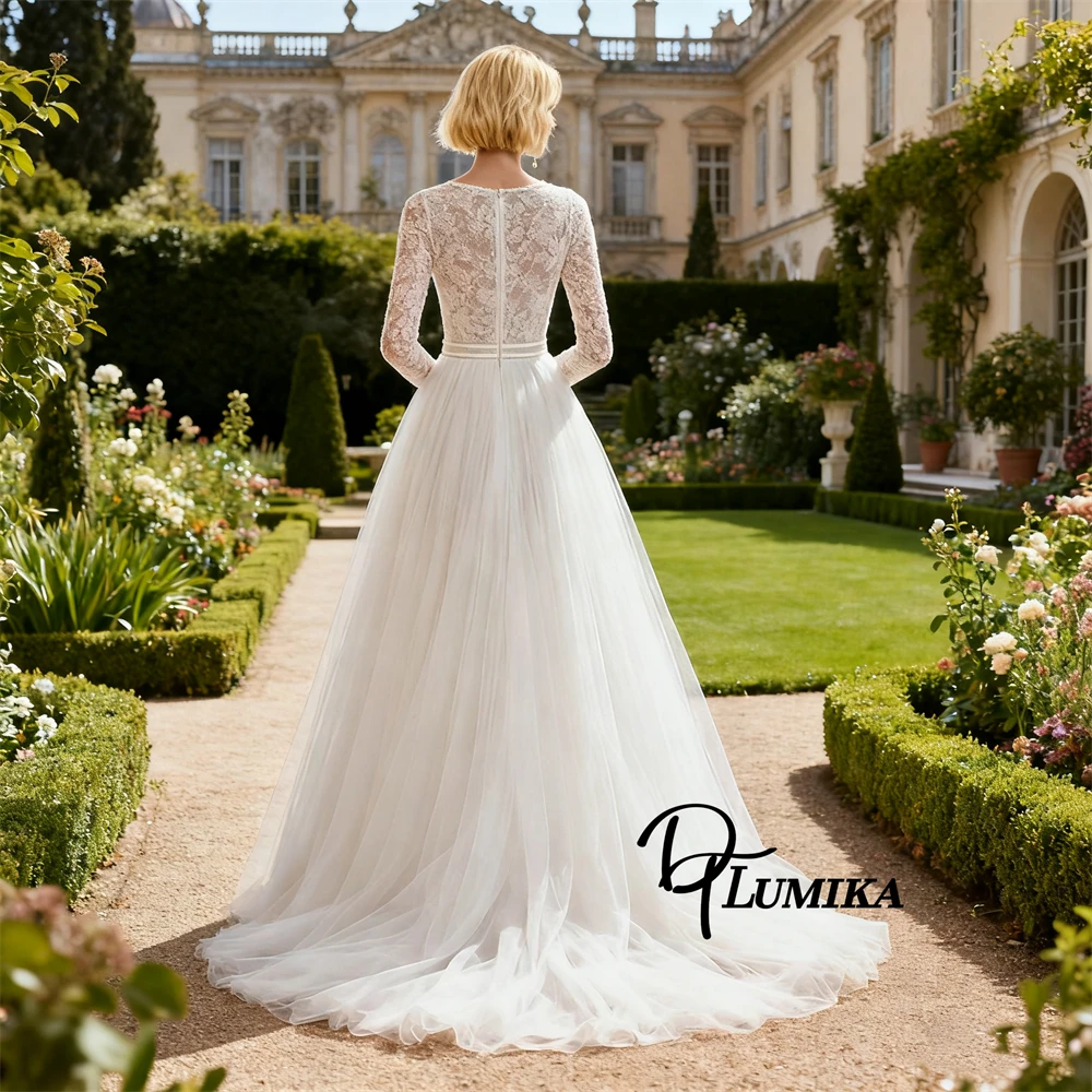 فستان زفاف دانتيل مخصص للعروس 2026 أكمام كاملة الوهم على شكل حرف a فساتين العروس الطويلة فستان زفاف شبكي DTLumika