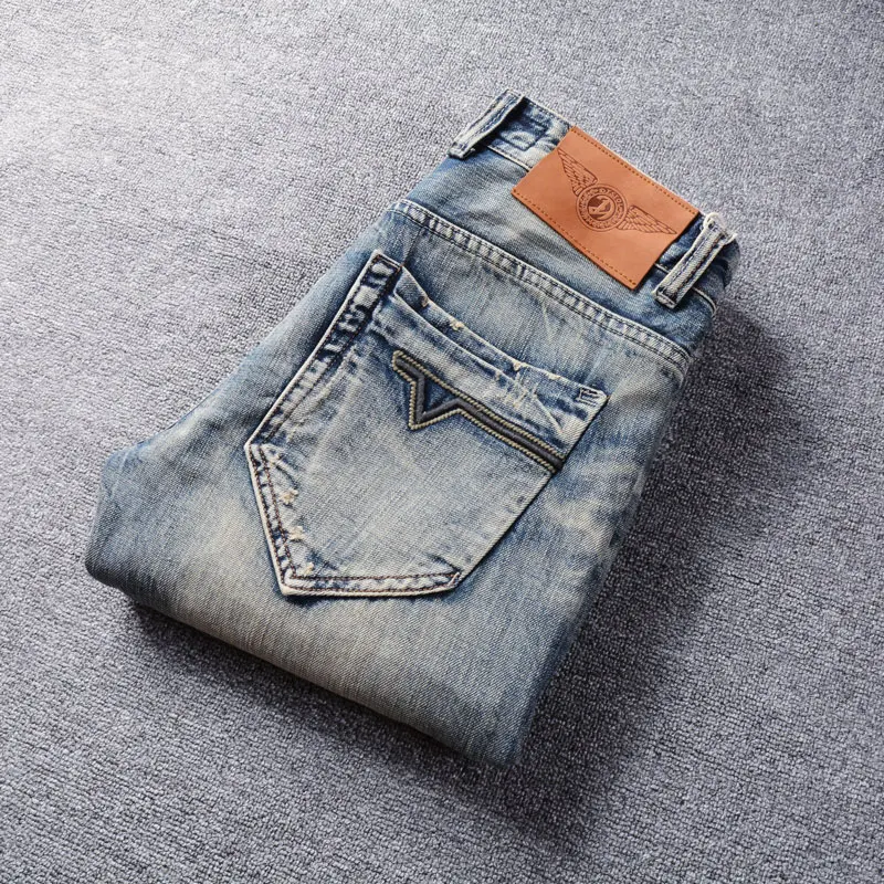 Fashion Designer Men Jeans Retro Washed Blue Stretch Slim Fit Ripped Jeans Men Embroidery Patched Vintage Denim Pants Hombre
