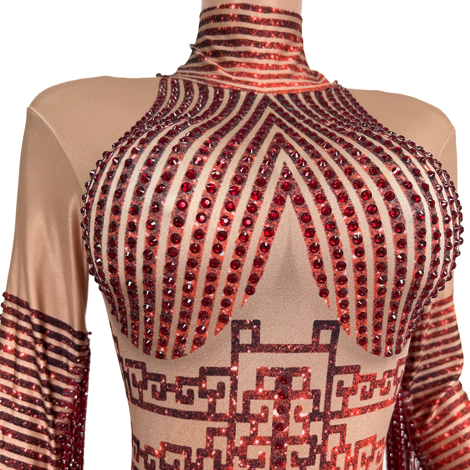 Sparkly Red Rhinestone Long Tassel Tight Fitting Jumpsuit Spandex Elastic Drag Queen Performer Wear gig Dance Outfit Hongloumeng