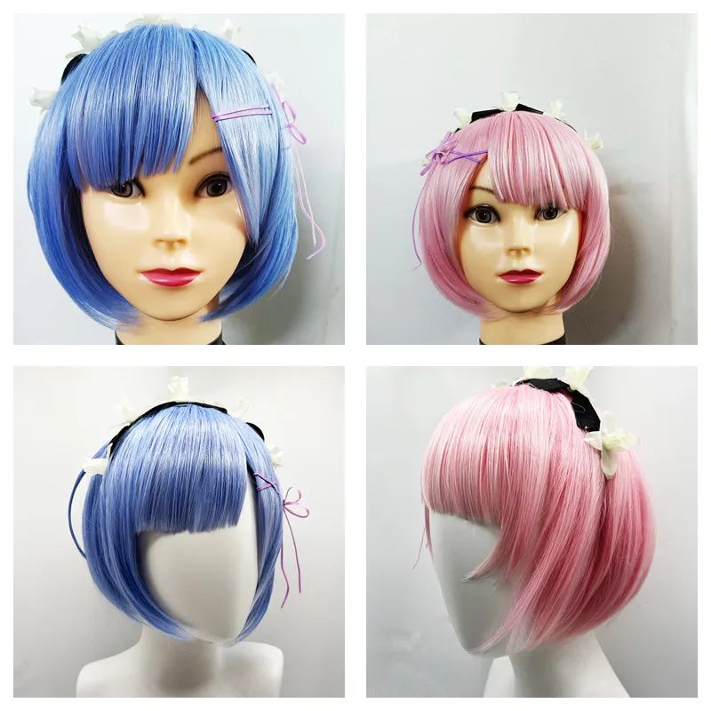 

Styled Ram Rem Cosplay Wig Anime Gradient Cos Wigs Heat Resistant Synthetic Hair Pink Blue Head Accessories Cosplay Hair Wig
