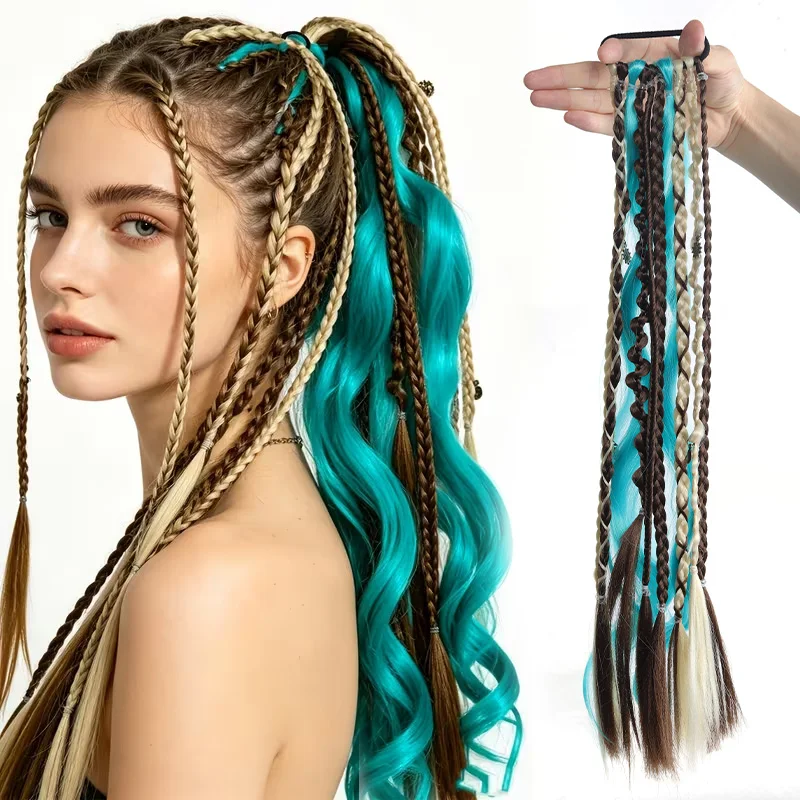 

Synthetic Braided Ponytail Wig Colorful Ombre Hair Extensions Clip In Long Braid Cosplay Party Festival High Temp Fiber