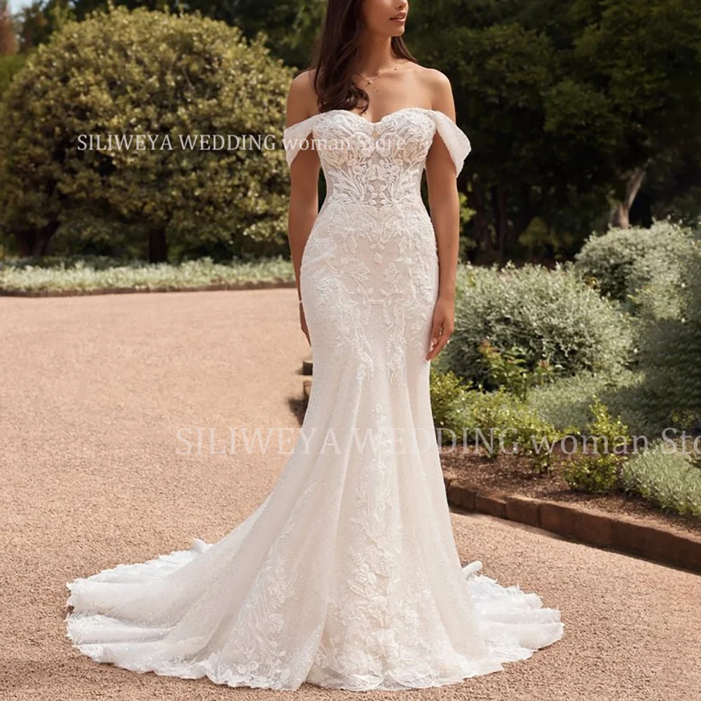

Elegant White Lace Wedding Dresses For Women Fashion Off The Shoulder Sweep Train Slim Fit Mermaid Skirt Wedding Bride Gown