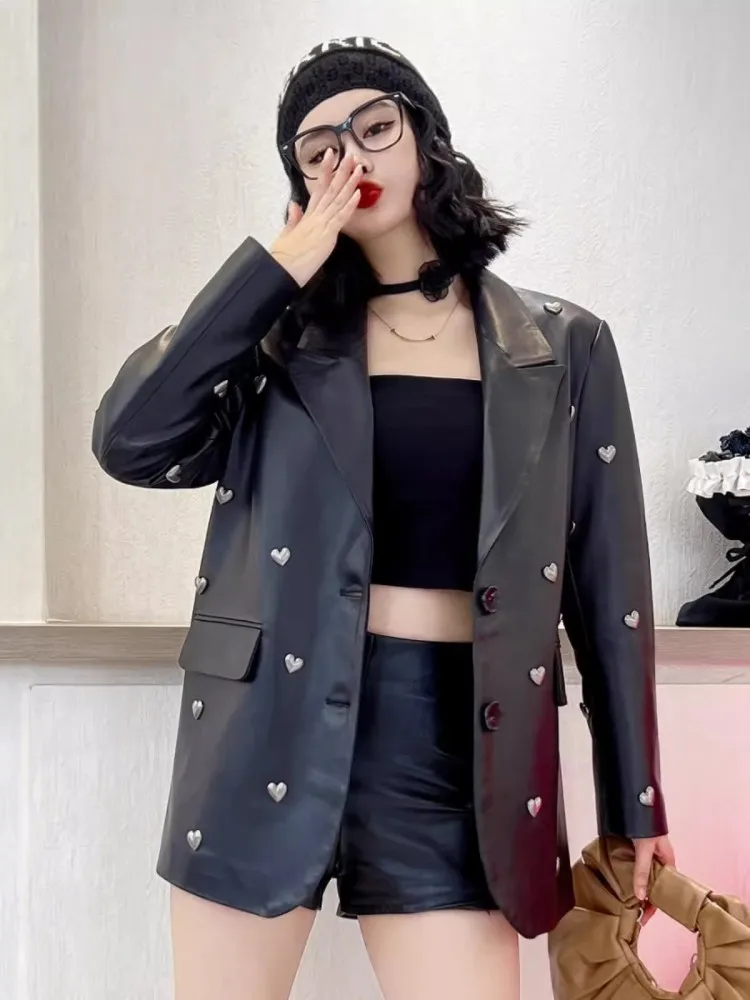 Women Fashion Genuine Leather Jacket Spring Long Sleeve Single Breasted Punk Casual Heart-Shaped Rivets Black Sheepskin Coats