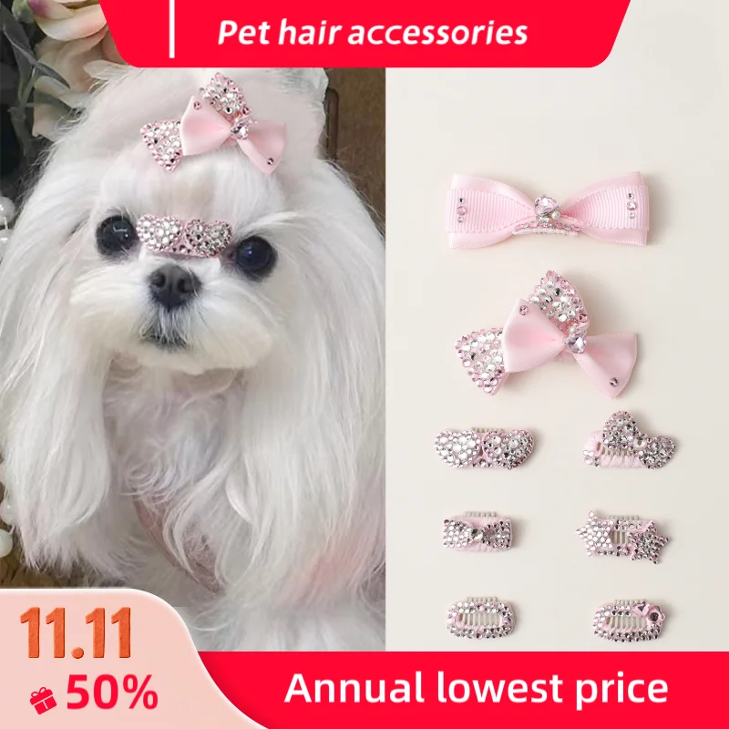 

Dogs accessories Sparkling rhinestone bow and heart hairpin set for Yorkshire small dogs party wedding accessory for dog cat