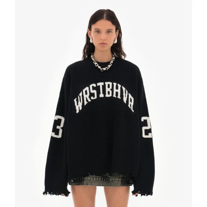 

2025 Autumn New Highstreet Gray Black Soft Sweater Hottie Versatile Pieces Trendy Loose Letter Jacquard Knitted Pullover Women's