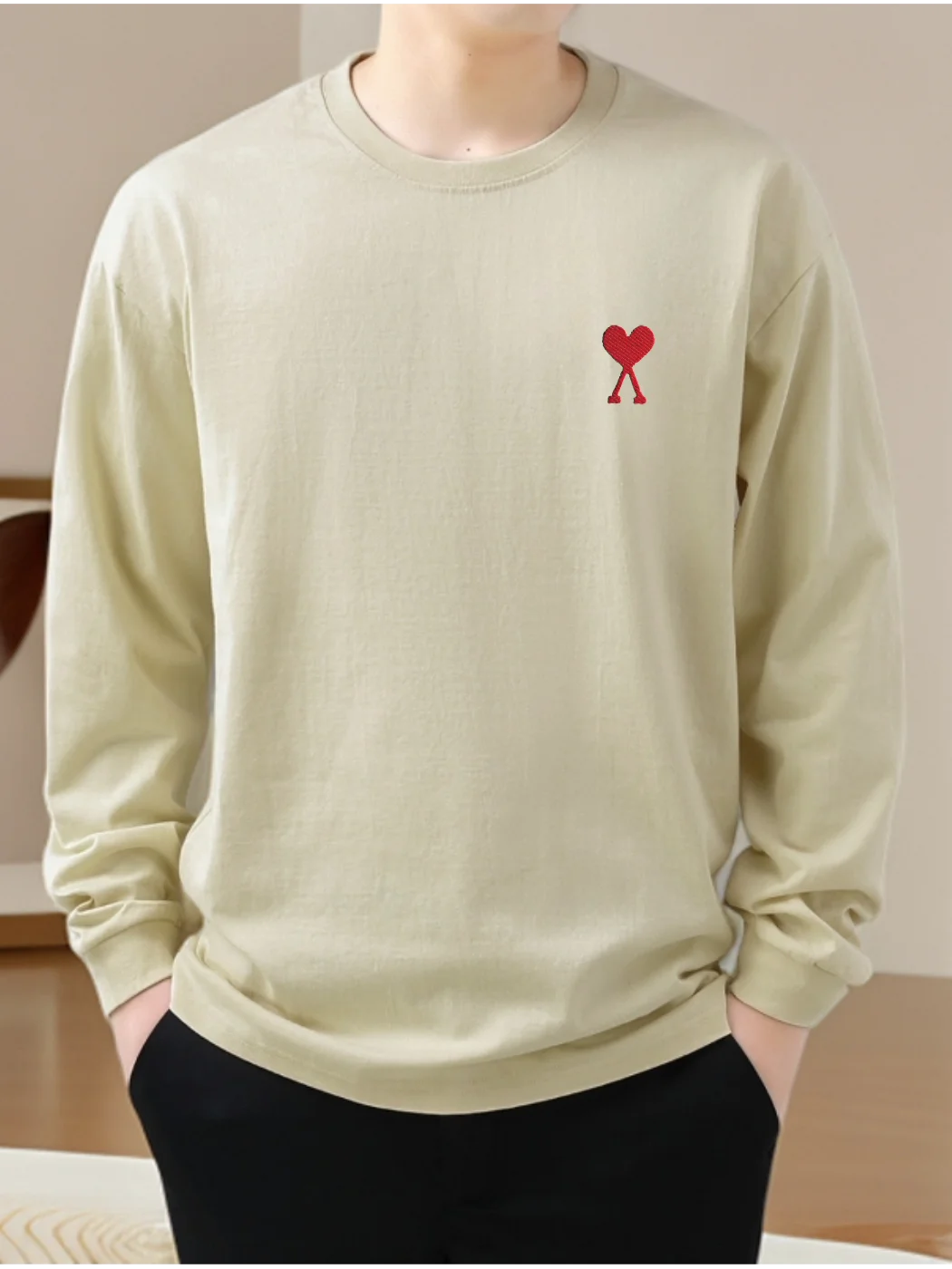 قميص رجالي أنيق مطرز بأكمام طويلة وياقة مستديرة، فضفاض وعصري للخريف والشتاء، قميص أساسي من القطن للشباب