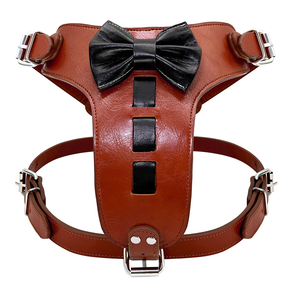 Genuine Leather Dog Harness Bowknot Real Leather Dogs Pitbull Vest Durable Training Harness for Medium Large Dog French Bulldog