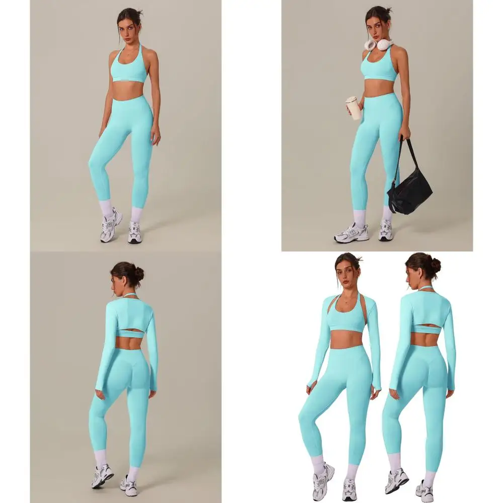 

Комплект из 3 предметов для тренировок: бесшовный спортивный бюстгальтер-халтер, леггинсы с высокой талией, лонгслив-накидка для спортзала и йоги