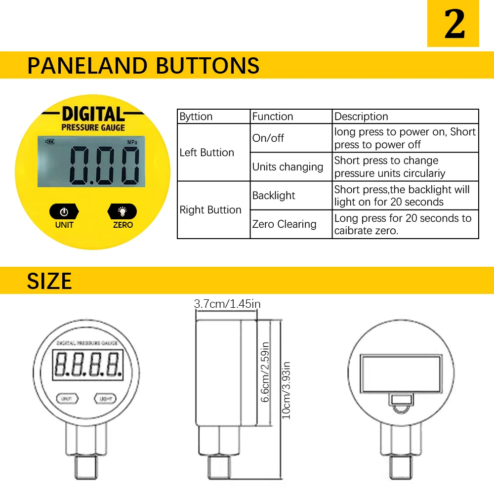 Medidores de presión con pantalla Digital, medidor de prueba hidráulica de presión de aceite, 3V, 250bar/25Mpa, 2 puntos de rosca para Gas, agua, combustible y líquido