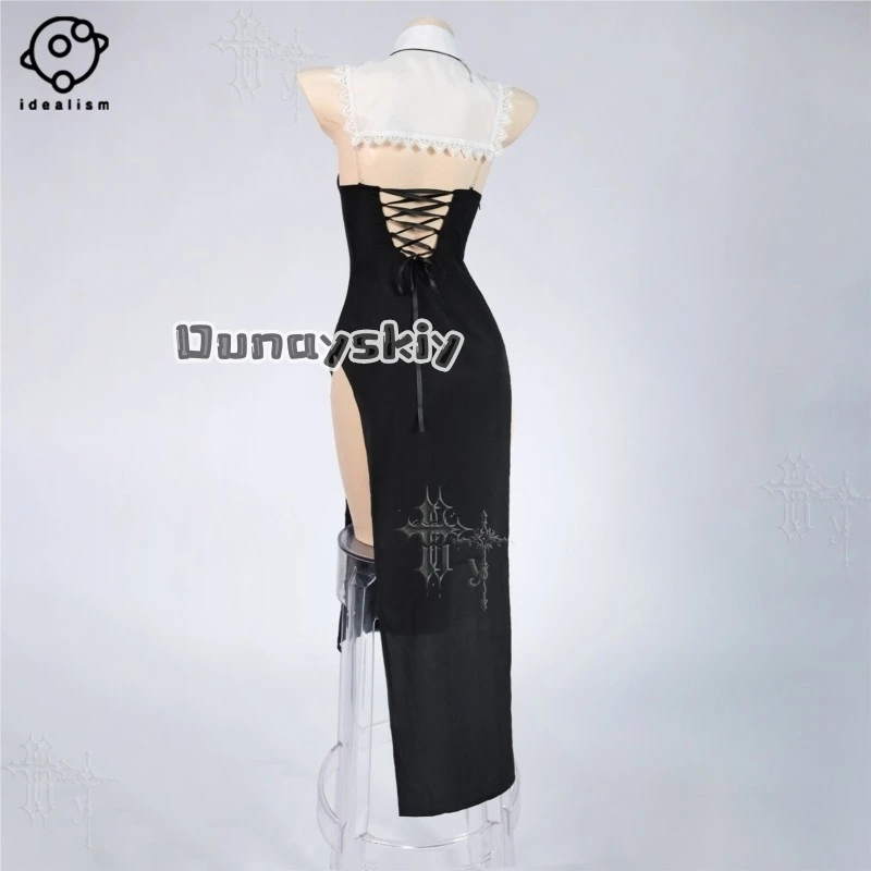 KS*06Original Nun Cos Outfit Black Lace Bustier Sheer Mesh High Slit Sexy Uniform Set Cosplay Party Halloween Photography Female view 3