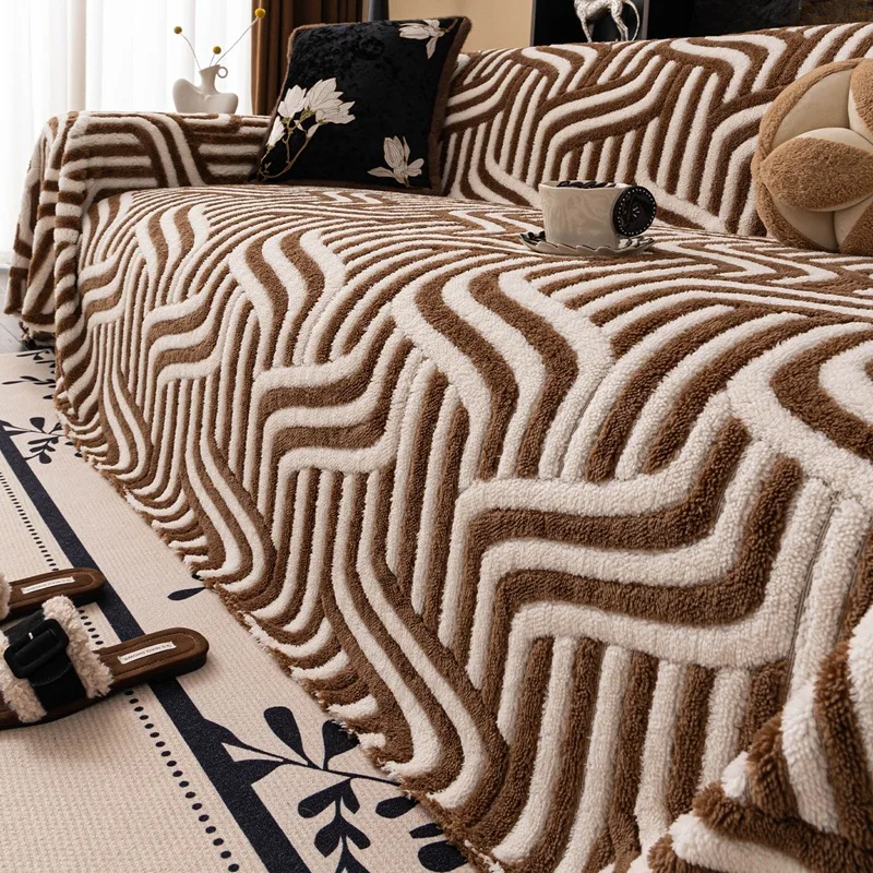 Color Block Plush Sofa Towel Thickened Dustproof Wear-Resistant Full Large Size Sofa Cover Anti-Cat Scratched Lazy Sofa Blanket