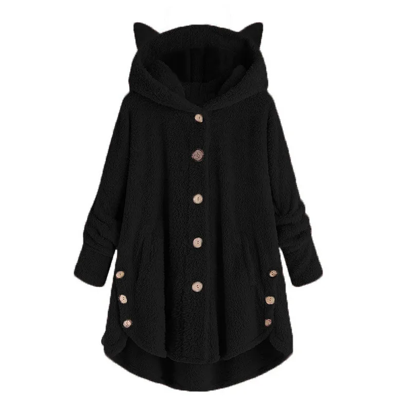 Women'S Coat Winter Plus Velvet Sports Winter Cute Cats Ears Hooded Irregular Hem Buttons Fleece Coat Christmas Outwear Coats