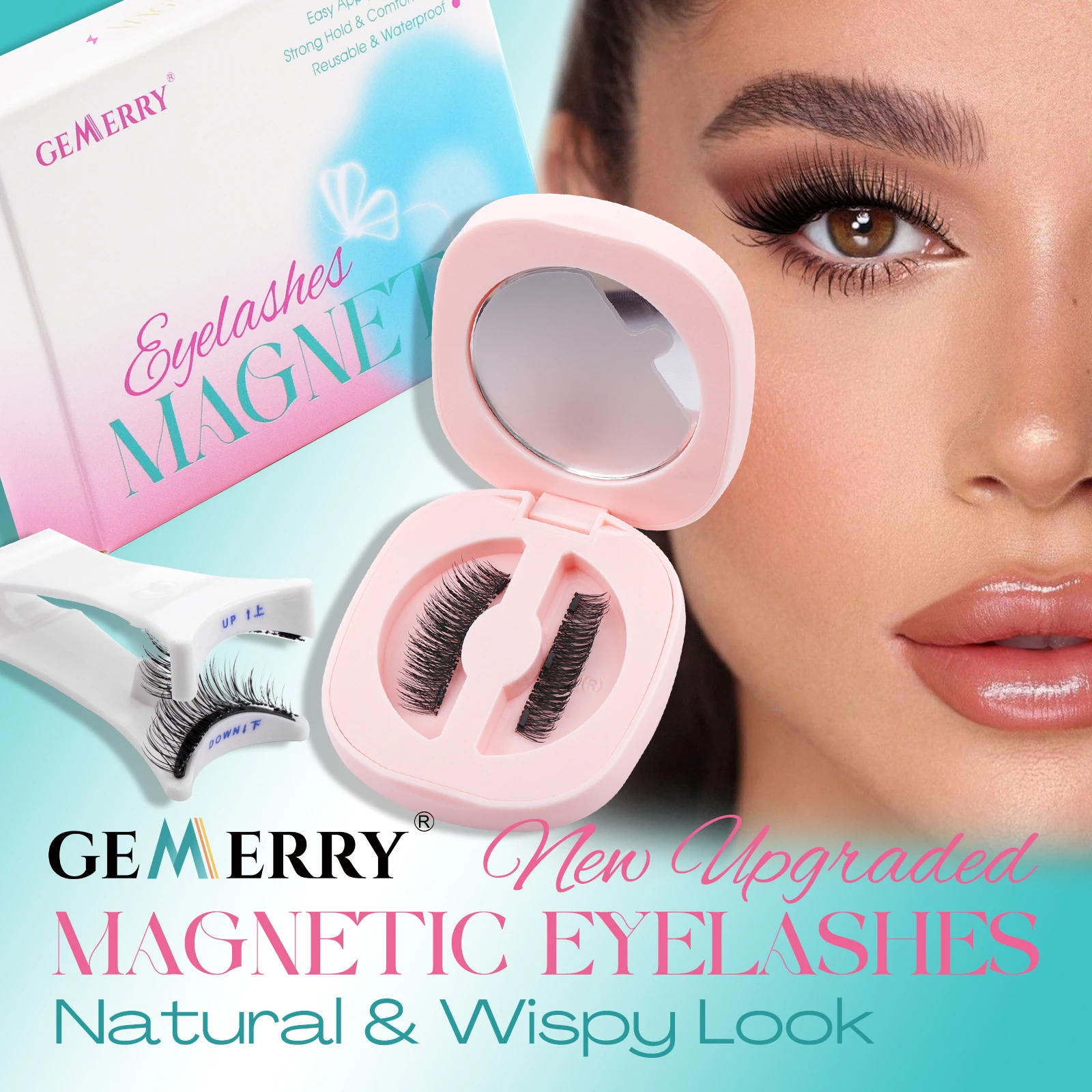 GEMERRY Magnetic Eyeashes with Applicator Glue Free Reusable 1/2 Pairs Natural Black False Eyelashes Kit No Glue 3D Mink Lashes