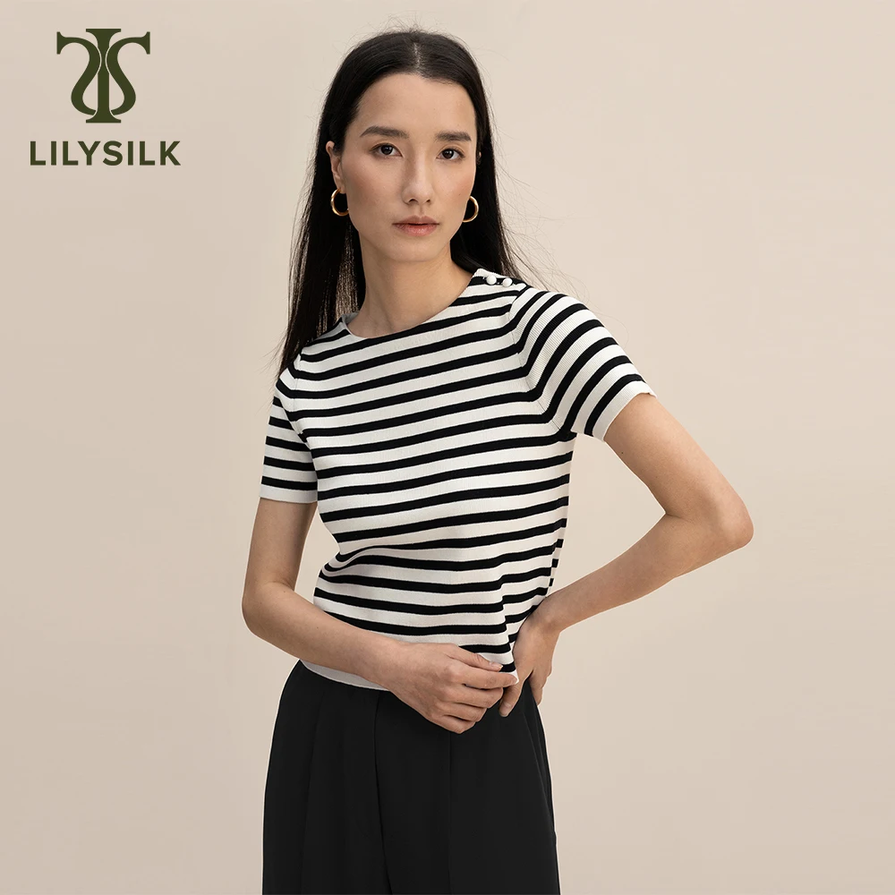 

LILYSILK Silk Kniited Tee For Women 2023 Summer New Crewneck Short Sleeve Sripe Skinny Top Classic Outfits Free Shipping