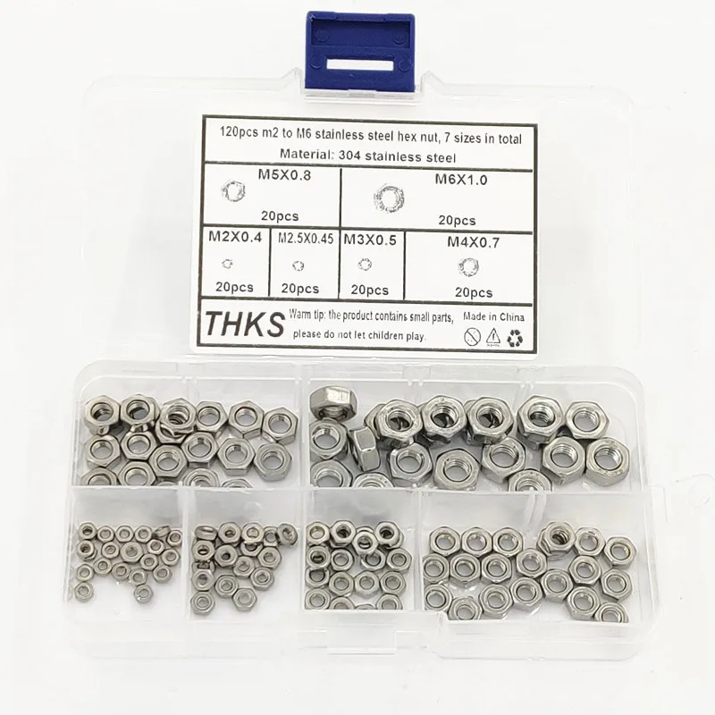 120pcs 304 Stainless Steel Hex Nuts Assortment Kit, Metric M2 M2.5 M3 M4 M5 M6 Hexagonal Nuts Box Set