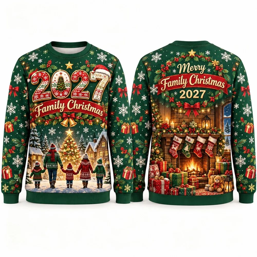New2027 Family Christmas Ugly Christmas Sweater Printed Polyester Crewneck Pullover Long Sleeve Men Unisex Holiday Sweaters