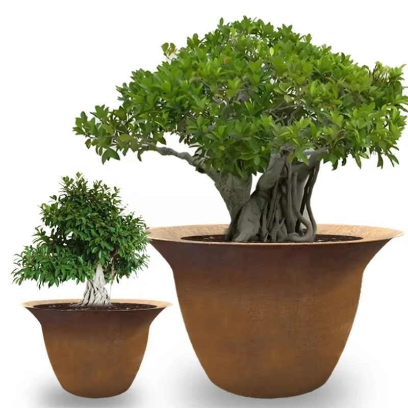 Customized large round Koteng steel flower pot rural garden flower pot handmade garden accessories