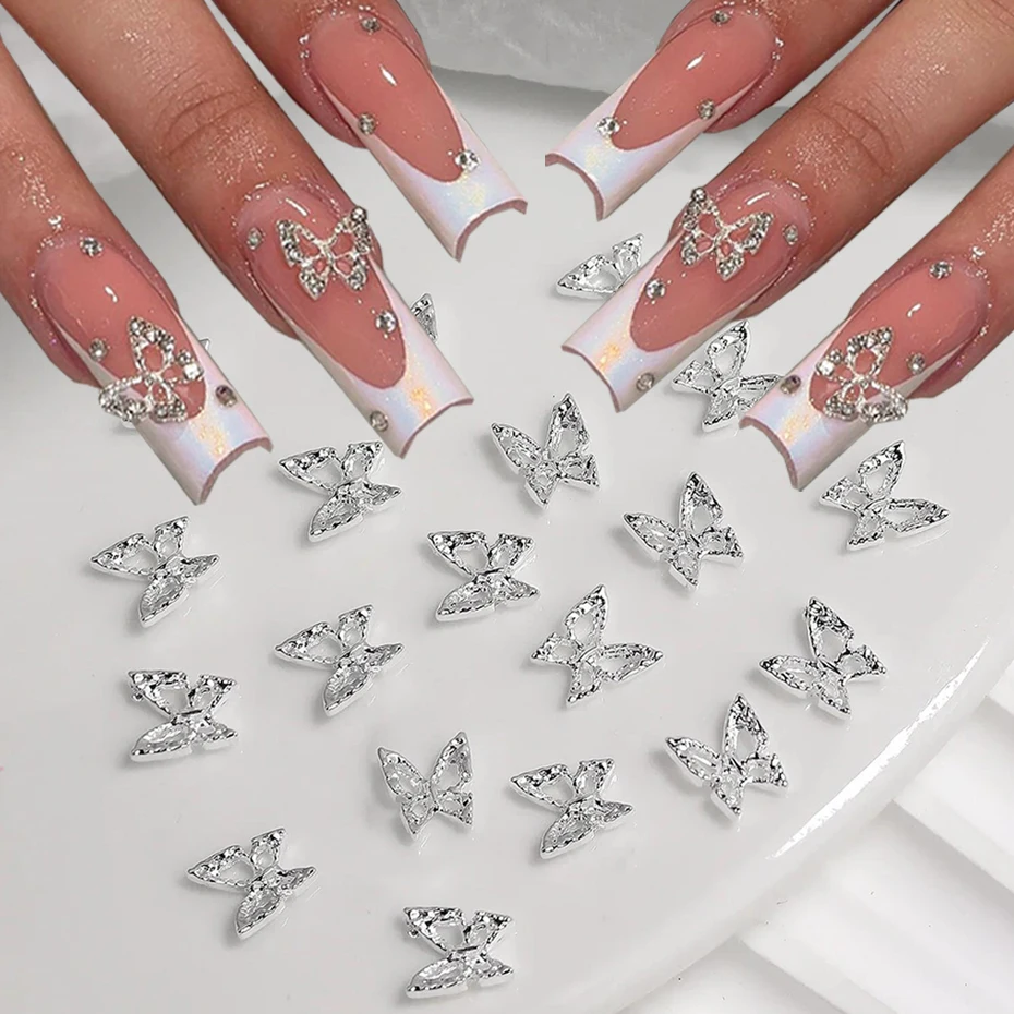 Butterfly Shaped Nail Rhinestone, prata, ouro, borboletas Nail Charm, 3D Decoração do prego, Glitter Manicure Acessórios, 10pcs