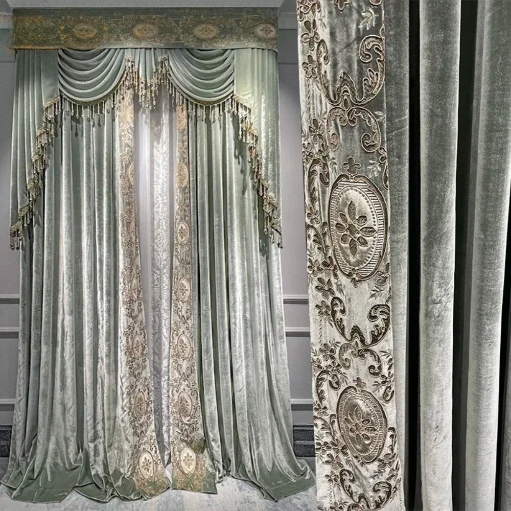 Court Romantic Style Grey Green Velvet Embroidered Curtains for Bedroom Living Room High Window French Window Villa Custom