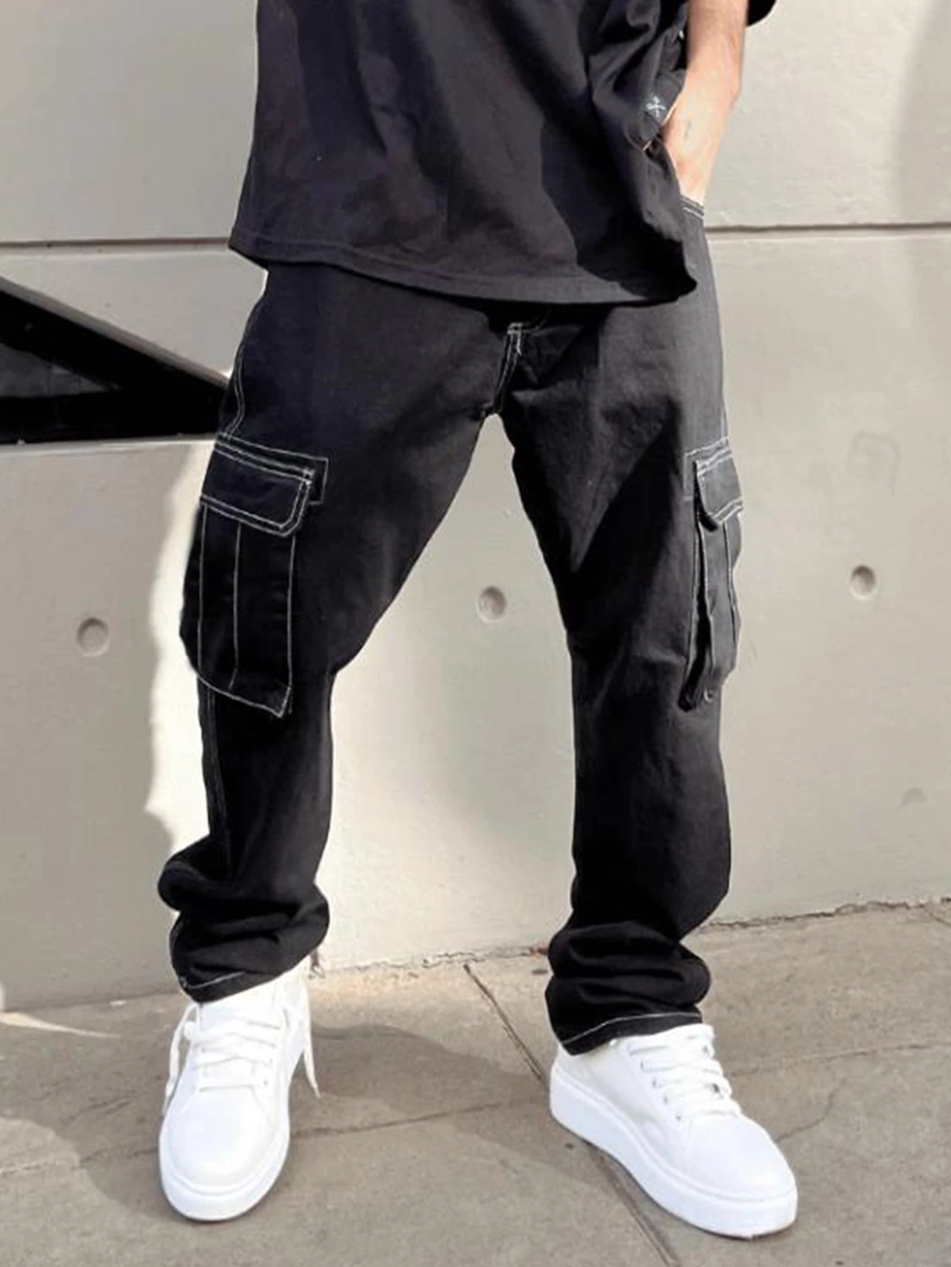 

New fashionable workwear pants, fashionable visible thread craftsmanship straight leg pants, outdoor trendy wide leg pants, men'