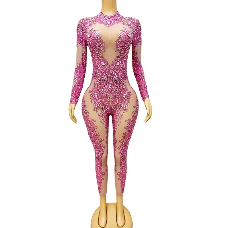 

Sexy Stage Transparent Pink Rhinestones Tight Bodysuit Pole Dance Leotard Show Costume Women Birthday Celebrate Party Jumpsuit