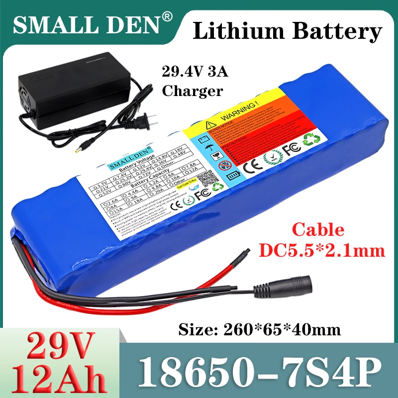 

Литиевый аккумулятор 29 В, 12 Ач, 18650, 7S4P, 400 Вт, встроенный двигатель BMS для электроинструментов, скутеров, инвалидных колясок + зарядное устройство 29,4 В, 3 А