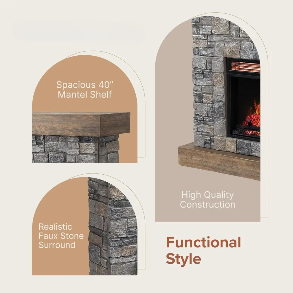 Raeford 40 Inch Wood Fireplace Mantel with Stone Brick Surround and 18