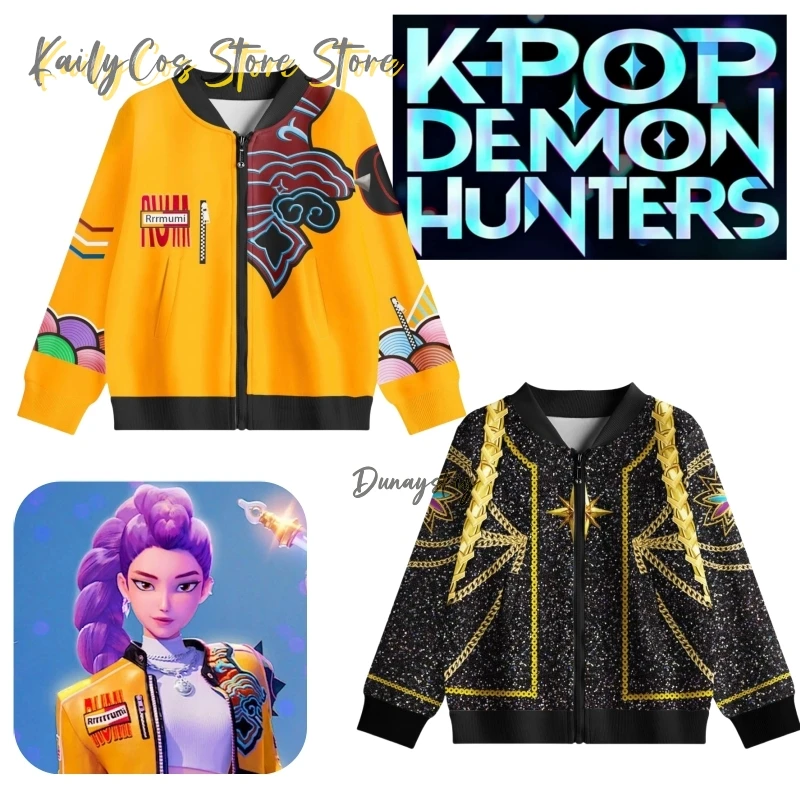 

Movie K-Pop Demon Hunters Rumi Cosplay Jacket Zipper Coat Black /Yellow Costume Adults Kids Girl Women Halloween Streetwear Suit