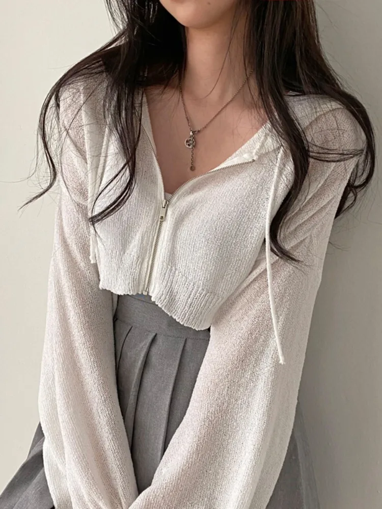 Elegancki letni sweter z dzianiny lodowego jedwabiu, damski sweter typu lampion, swobodny rozpinany kardigan, cienki płaszcz z kapturem, ochrona przed promieniowaniem UV.