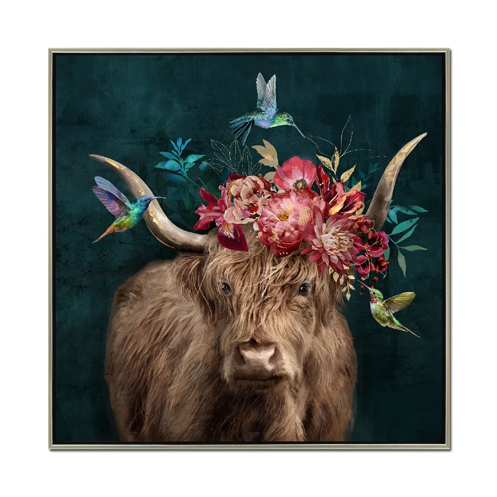 Floral Antlers Horns Canvas Painting Cow Deer Posters and Prints Modern Animal Wall Art Picture for Living Room Decor Mural