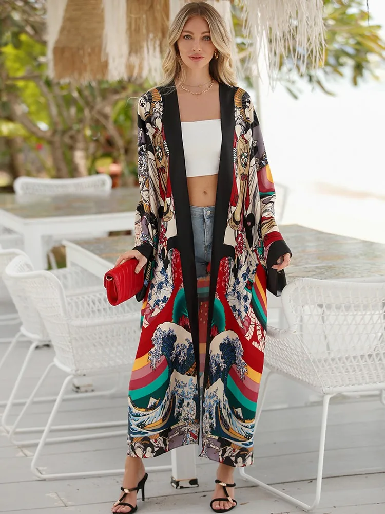 2023 Summer Women Cardigan Stitch Cocktail Sexy Boho Maxi African Holiday Batwing Sleeve Silk Feeling Robe Kimono Kaftan