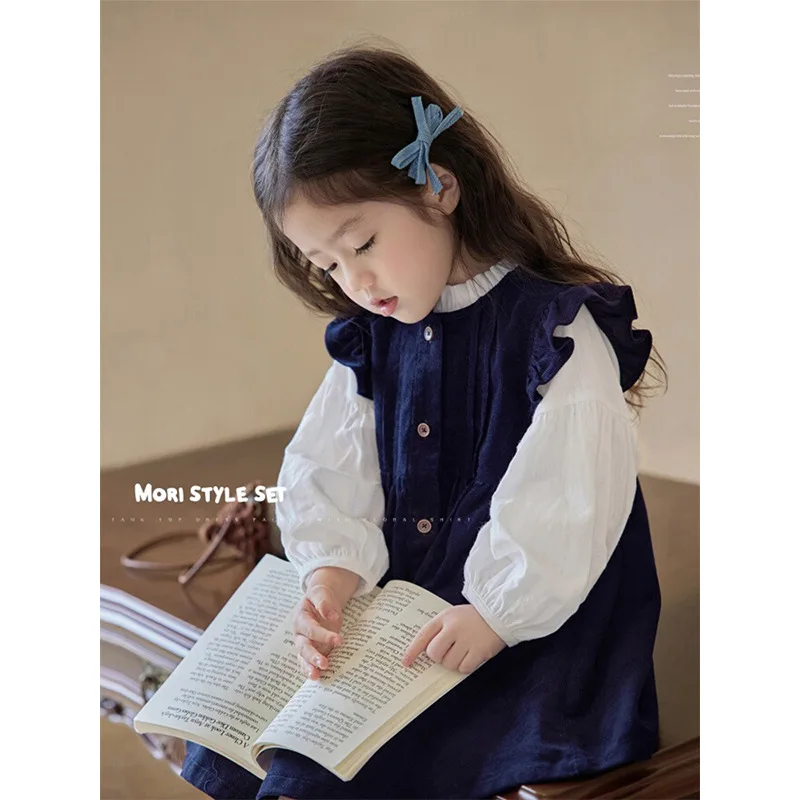 Trajes de principios de otoño para niñas, camisa blanca coreana, Top, chaleco, vestido, conjunto de dos piezas, trajes de moda de estilo Simple coreano, ropa 2024