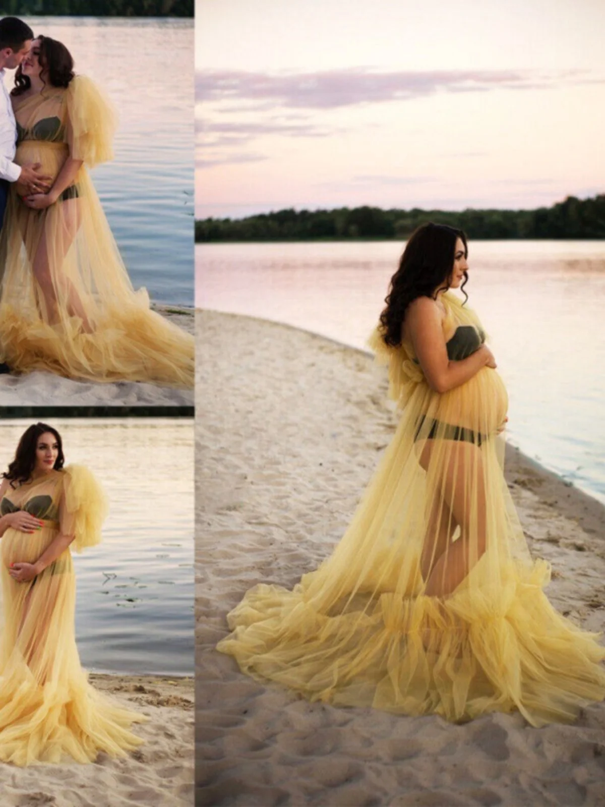 

Summer Thin Maternity Dress Ladies Fashionable Yellow One-Piece Mesh Skirt Photography Spot Popular Pregnant Women Skirt