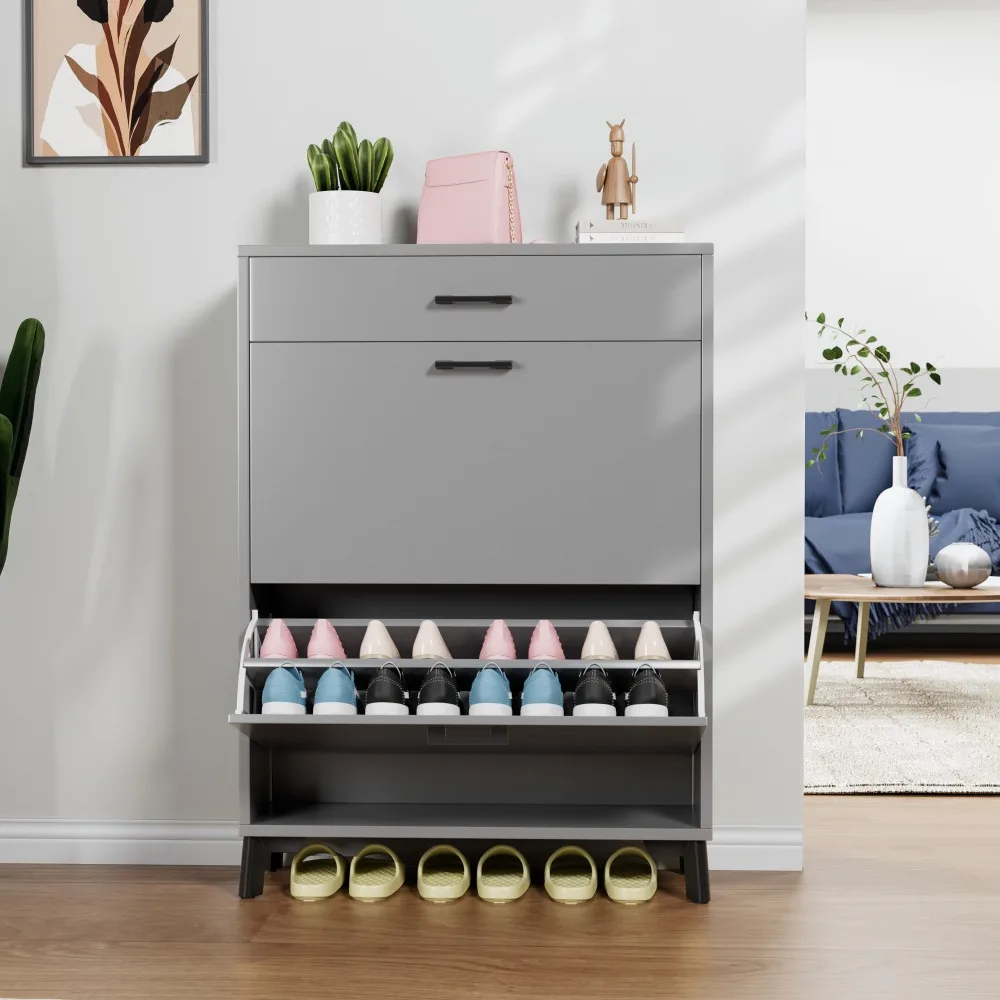 

Shoe Storage Cabinet for Entryway, Free Standing Shoe Organizer with 2 Flip Drawers, Hidden Shoe Rack for Hallway, Closet, Gray