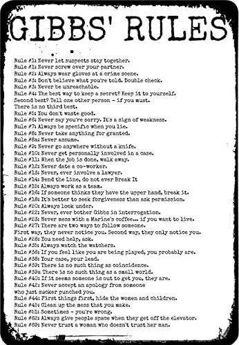 AMELIA SHARPE Tin Sign Vintage NCIS Gibbs' Rules Metal Sign Wall Decoration Home Bar Garage Man Cave Art Sign 12 X 8--Tin Si