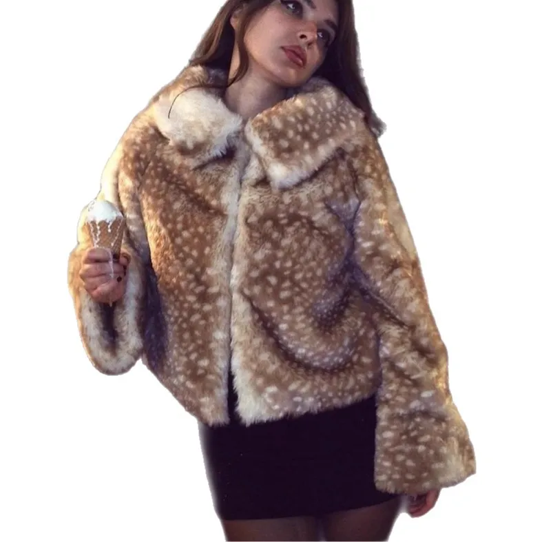 Spotty The Fawn Lapel Faux Fur Jackets Slim Brown Furry Jacket Fluffy Casual Elegant Fancy New Ladies Plush Coats Faux Mink