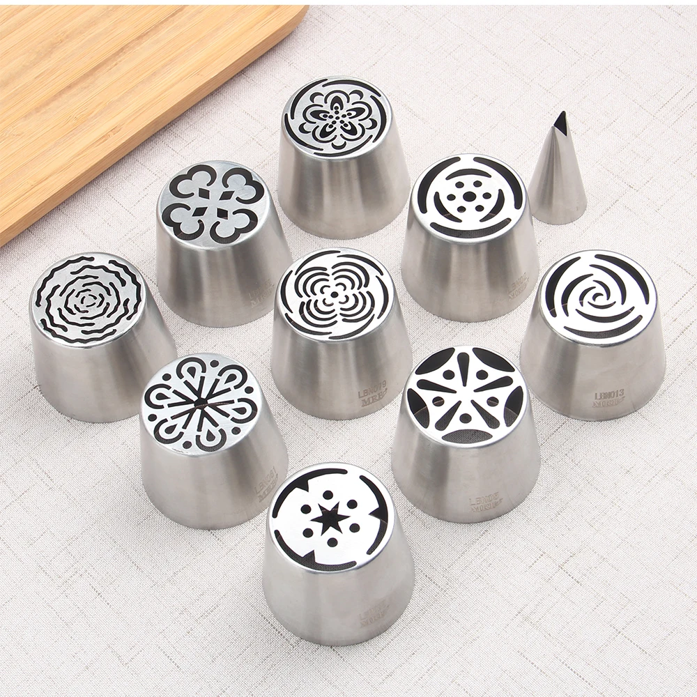 MRF 9Pcs Stainless Steel Extra Large Russian Flower Icing Nozzles Set Pastry Cream Piping Tips for Cupcakes Bouquet HBLBNOSET10