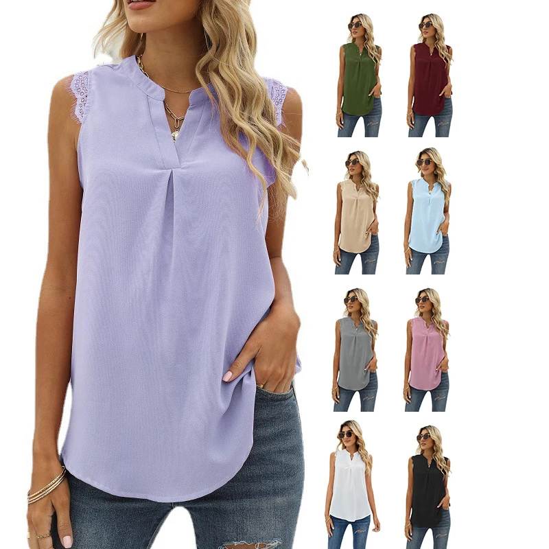 

Spring Summer New Solid Colors Lace Trim Ruffled Tank Tops Loose Sleeveless V Neck Casual Blouse Office Lady Daily Wear