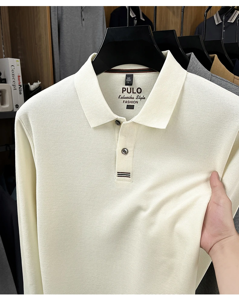 Hochwertiges Langarm-Poloshirt aus 100% Baumwolle für Herren, neue Luxus-Modemarke, Frühling/Herbst, luxuriöser Komfort, lässiges Business-T-Shirt. – Detail 5